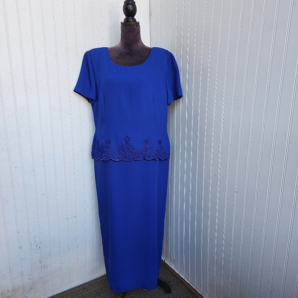 RM Richards Maxi Dress Royal Blue Beaded Lined Formal Gown by Karen Kwong Sz 18